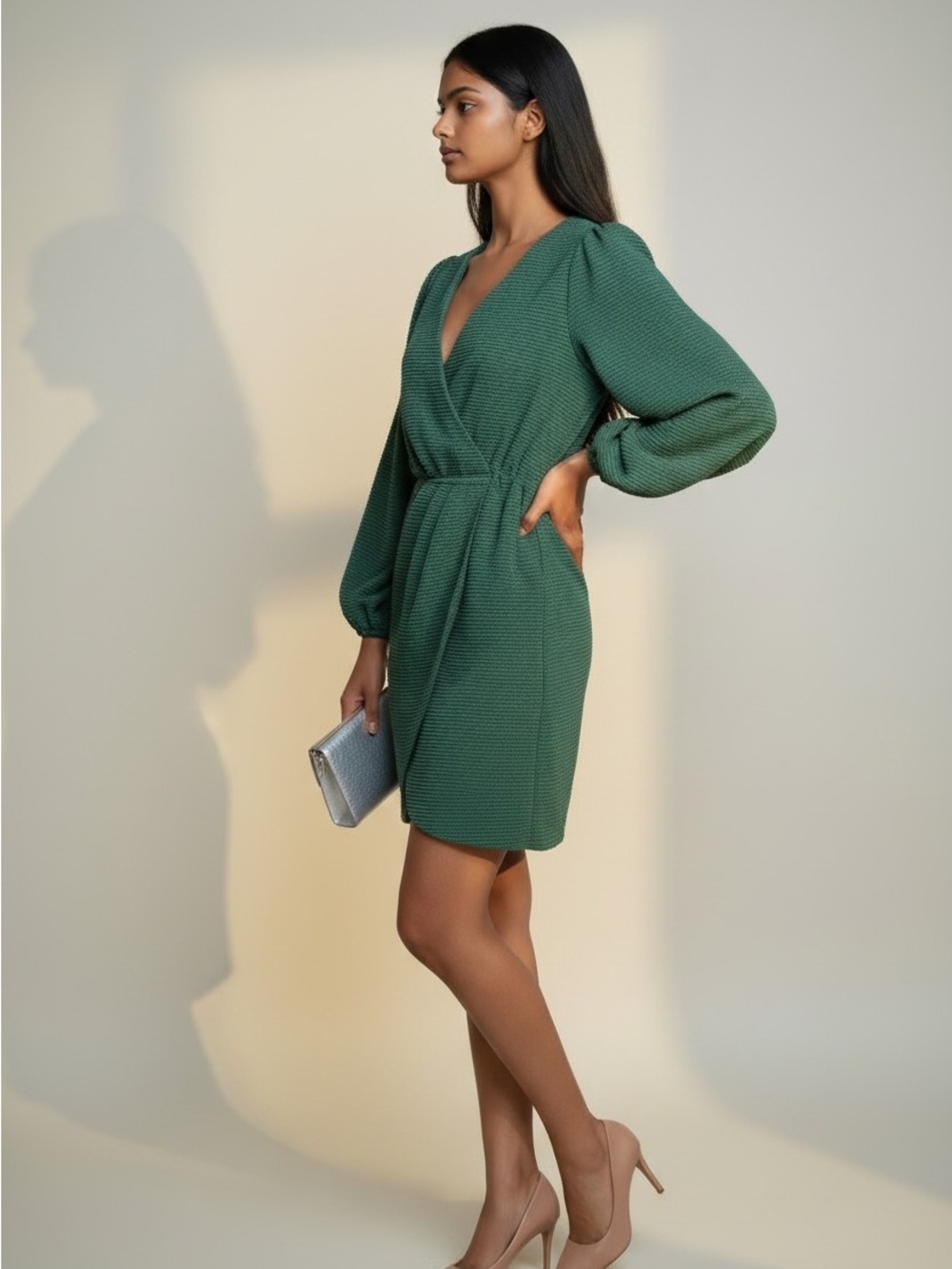 Simplee Apparel Olive Green Textured Wrap Mini Dress